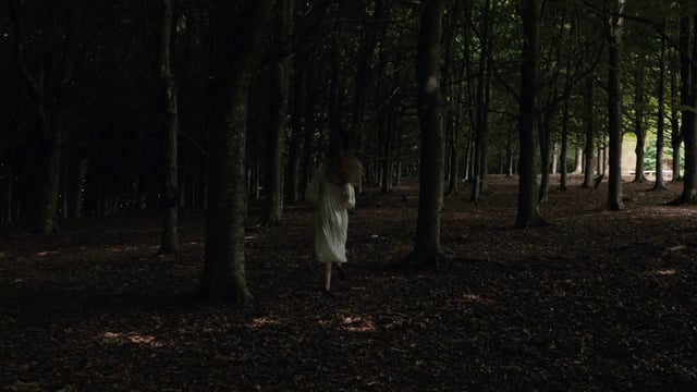 Woman runs through a forest 