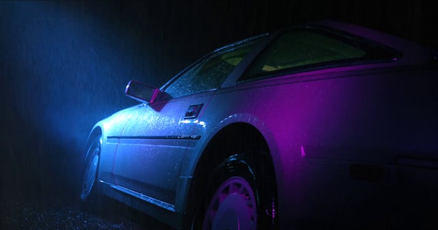 Gotas de lluvia caen sobre el coche, relámpagos por luces de neón