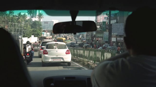 Inside of a car driving in India