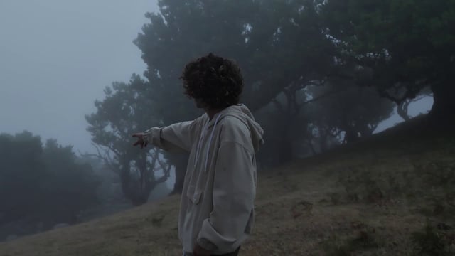 Man in a dark, foggy forest 