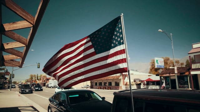 American flag in a town