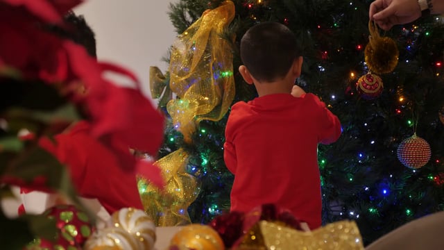 Boy hangs decorations on Christmas tree