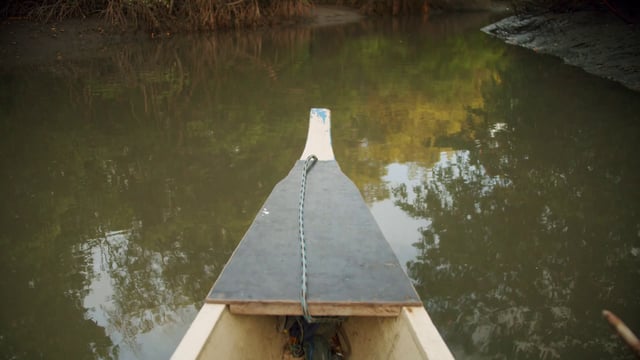 Delante de una canoa mirando hacia abajo sobre el agua del río
