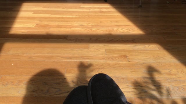 Una sombra sobre un piso de madera.