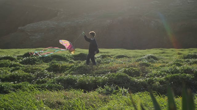 男子拿着风筝奔跑