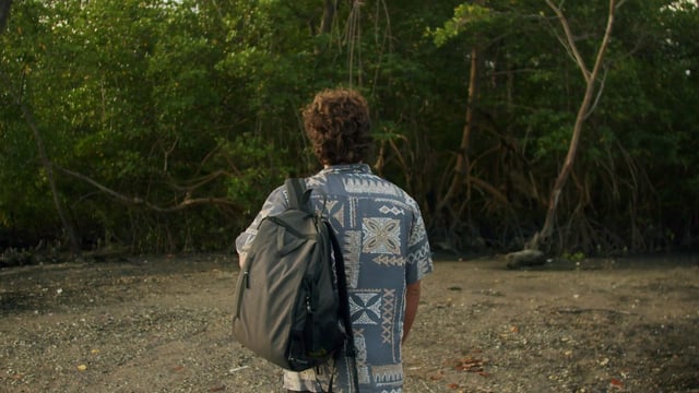 Man with backpack walking through an island