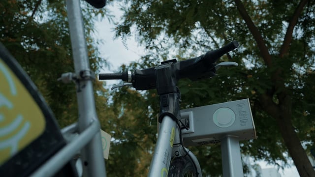 Close-up of a bicycle to rent on the street