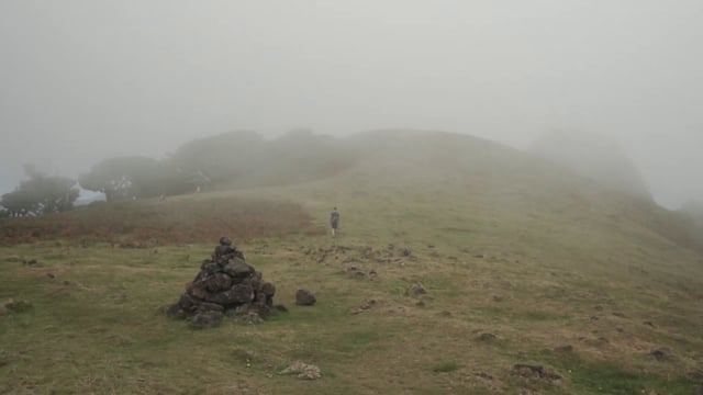 在雾蒙蒙的小山上行走