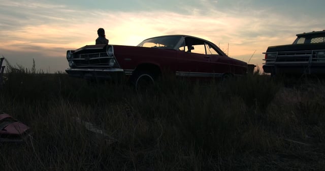 A woman leaning against a car at sunset