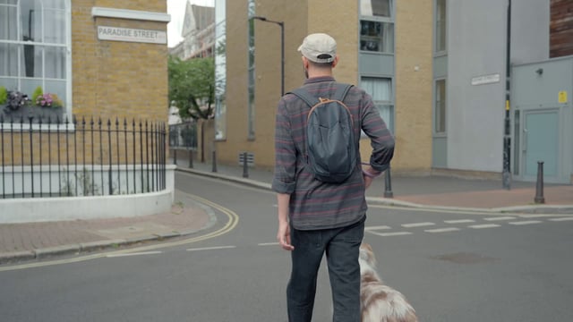 Un hombre con su perro camina por la ciudad junto a la carretera.
