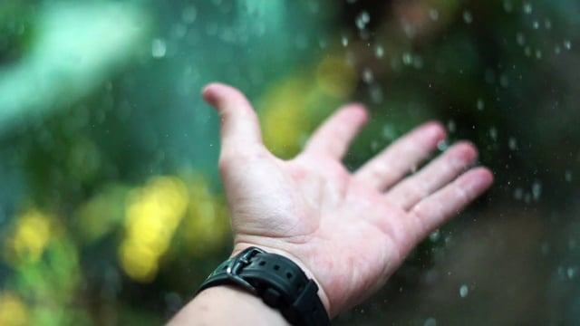 Raindrops falling on a hand