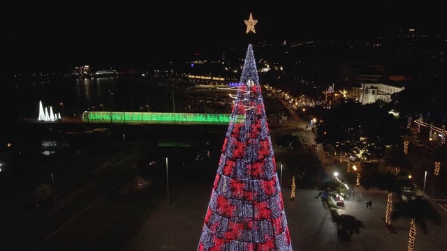 Drone vuela alrededor del árbol de Navidad